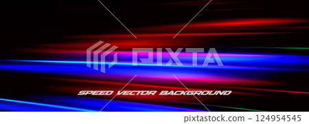 Speed Light Lines Background With Red, Blue, Pink Neon Glow On Dark Gradient. Futuristic Motion Blur Effect For Music, Technology, Racing, Or Abstract Design Projects. Vector Illustration. 124954545