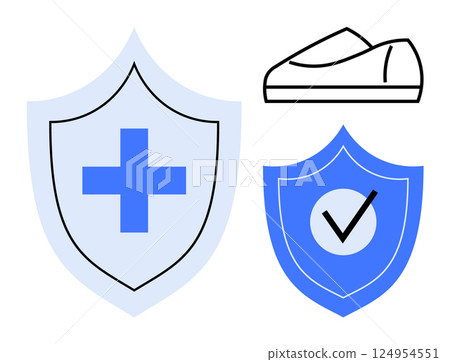Health shield with blue cross, approval shield with check mark, shoe outline for safety concept. Ideal for health care, safety, approval processes, health apps, medical services, foot care 124954551