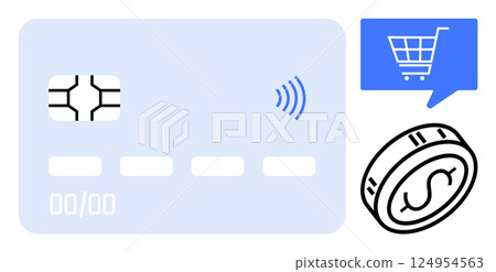Credit card with chip and contactless signal, shopping cart icon, and coin with dollar sign. Ideal for e-commerce, digital payments, financial transactions, online shopping, banking, fintech 124954563