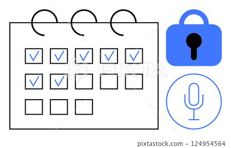 Spreadsheet layout with days marked by checkmarks. Symbols of a lock and a microphone beside it. Ideal for organization, productivity, planning, security, and communication. Simple, modern, clean 124954564