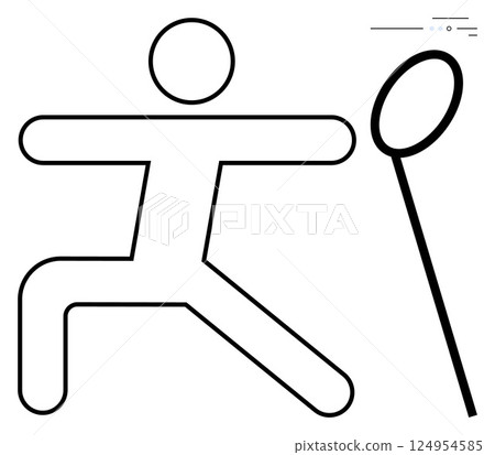 Stick figure with arms and legs extended, holding a badminton racket overhead. Ideal for sports, fitness, recreation, badminton promotion, health, activity planning, children s books. Line metaphor 124954585