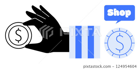 Hand holding a coin symbol, blue striped banners, a speech bubble with Shop, and a currency icon. Ideal for e-commerce, online shopping, finance, marketing, business, and digital transactions. Simple 124954604