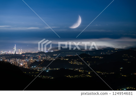 Night Clouds Moving Above Urban Landscape from Lion's Head Mountain in Taiwan. Night Clouds Moving Above Urban Landscape from Lion's Head Mountain in Taiwan. 124954681