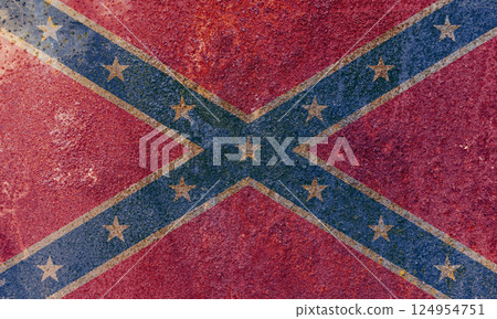 Confederate States of America flag. Dirty Confederate States of America flag on a metal surface. Confederate States of America flag. Dirty Confederate States of America flag on a metal surface. 124954751
