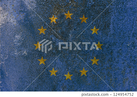 EU Flag. Dirty European Union flag on rusty metal surface. 124954752
