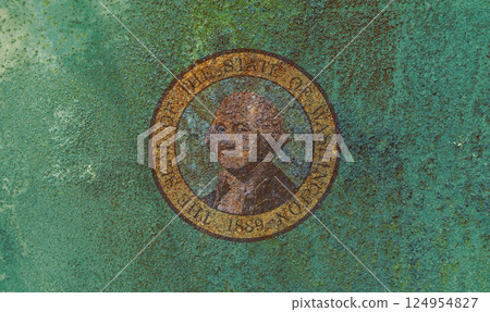 Washington State Flag. Dirty Washington state flag on rusty metal surface. Washington State Flag. Dirty Washington state flag on rusty metal surface. 124954827