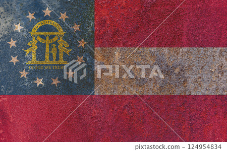 Georgia State Flag. Dirty Georgia state flag on rusty metal surface. Georgia State Flag. Dirty Georgia state flag on rusty metal surface. 124954834