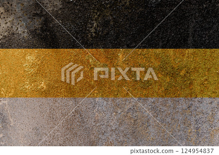 Russian Empire Flag. Dirty Romanov Monarchy flag on rusty metal surface. Russian Empire Flag. Dirty Romanov Monarchy flag on rusty metal surface. 124954837