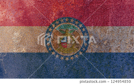 Missouri State Flag. Dirty Missouri state flag on rusty metal surface. Missouri State Flag. Dirty Missouri state flag on rusty metal surface. 124954850