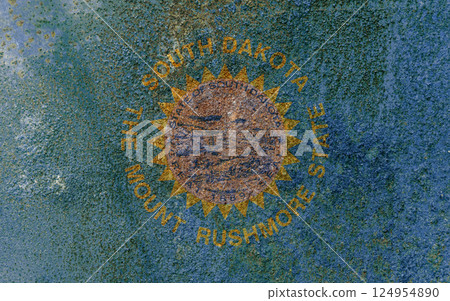 South Dakota State Flag. Dirty South Dakota state flag on rusty metal surface. 124954890