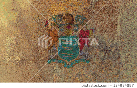 New Jersey State Flag. Dirty New Jersey state flag on rusty metal surface. New Jersey State Flag. Dirty New Jersey state flag on rusty metal surface. 124954897