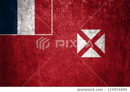 Wallis and Futuna State Flag. Dirty Wallis and Futuna flag on metal surface. 124954899