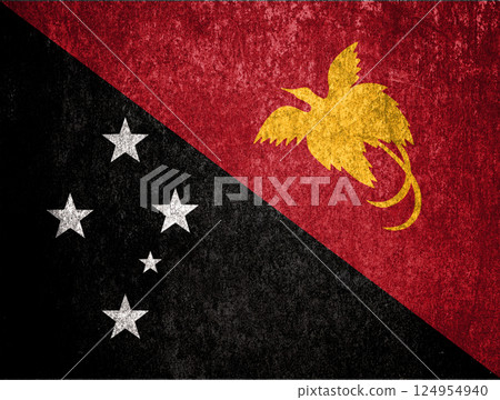 Papua New Guinea State Flag. Dirty Papua New Guinea flag on metal surface. 124954940