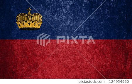 Liechtenstein State Flag. Dirty Liechtenstein flag on metal surface. 124954960