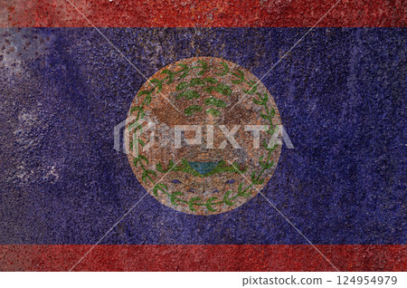 Belize state flag on a metal surface. Dirty grunge Belize flag. 124954979