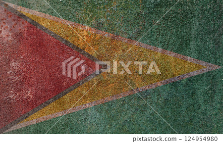 Guyana state flag on a metal surface. Dirty grunge Guyana flag. 124954980