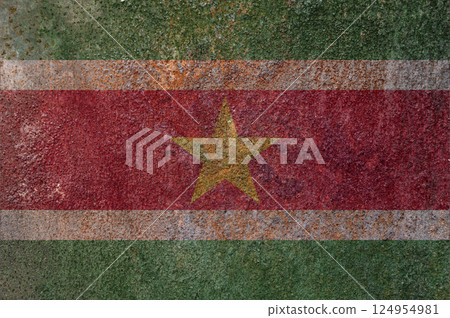 Suriname state flag on a metal surface. Dirty grunge Suriname flag. 124954981