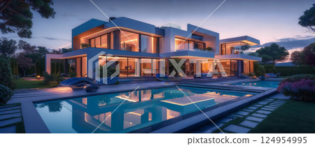 Modern house with sunset sky and swimming pool 124954995