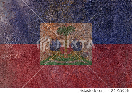 Haiti state flag on a metal surface. Dirty grunge Haiti flag. Haiti state flag on a metal surface. Dirty grunge Haiti flag. 124955006