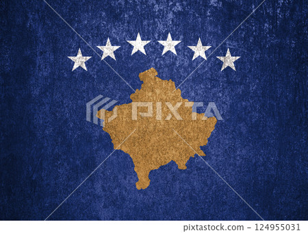 Kosovo State Flag. Dirty Kosovo flag on metal surface. 124955031