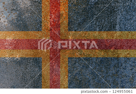 Aland State Flag. Dirty Aland flag on metal surface. Aland State Flag. Dirty Aland flag on metal surface. 124955061