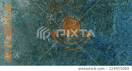Kazakhstan State Flag. Dirty Kazakhstan flag on metal surface. 124955069