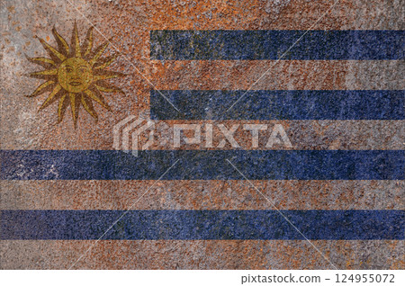Uruguay state flag on a metal surface. Dirty grunge Uruguay flag. Uruguay state flag on a metal surface. Dirty grunge Uruguay flag. 124955072