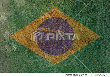 Brazil state flag on a metal surface. Dirty grunge Brazil flag. 124955073