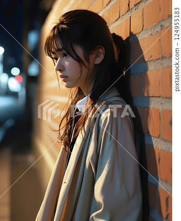 Sad woman leaning against a brick wall 124955183
