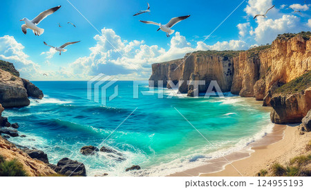 Blue sea and seagulls 124955193