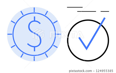 Dollar sign coin in light blue next to a black and blue checkmark. Ideal for financial approval, success, validation, banking, economic growth, investments, and business goals. Banner for landing 124955385