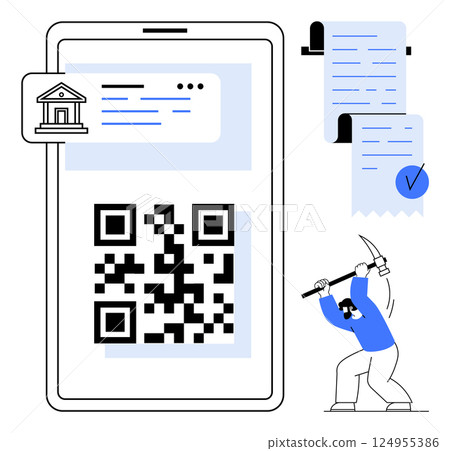 Mobile phone displaying a QR code, bank message, digital receipt, and a person using a pickaxe. Ideal for digital finance, secure payments, banking, financial transactions, data management. Simple 124955386