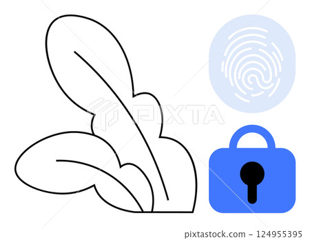 Black and white plant drawing contrasts with a blue fingerprint circle and a blue lock symbol. Ideal for data protection, cybersecurity, biometrics, identity verification, and privacy concepts 124955395