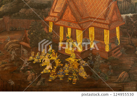 Mural painting at Wat Phra Kaew, depicting scene from Ramakien or Ramayana epic in traditional Thai artistic style Mural painting at Wat Phra Kaew, depicting scene from Ramakien or Ramayana epic in traditional Thai artistic style 124955530