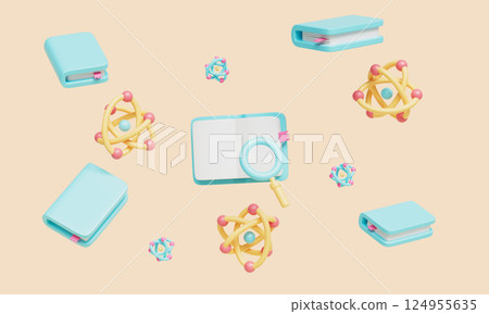 Atom Science Book and Magnifying Glass Icon. 3D Rendering 124955635