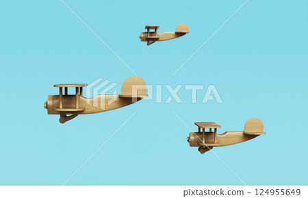Wood Airplane Toy on Blue Background. 3D Rendering 124955649