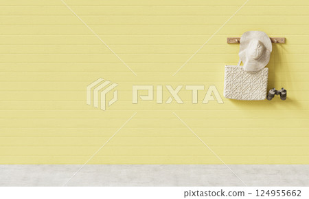 Straw Hat, Fabric Tote Bag and Binoculars on the Yellow Wood Wall. 3D Rendering 124955662
