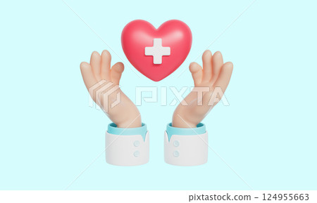 Medical Cross Heart and Hand Icon. 3D Rendering. Medical Cross Heart and Hand Icon. 3D Rendering. 124955663
