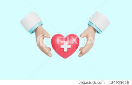 Medical Cross Heart and Hand Icon. 3D Rendering. Medical Cross Heart and Hand Icon. 3D Rendering. 124955666