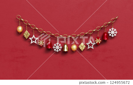 Christmas Gold Chain Ornament Decoration on Red Background. 3D Rendering Christmas Gold Chain Ornament Decoration on Red Background. 3D Rendering 124955672