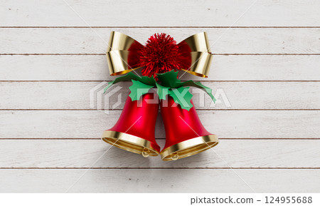 Christmas Bell Decoration on White Wood Wall. 3D Rendering. 124955688