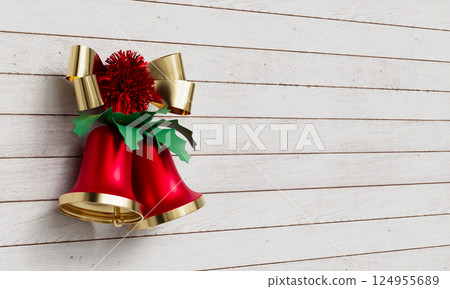 Christmas Bell Decoration on White Wood Wall. 3D Rendering. 124955689