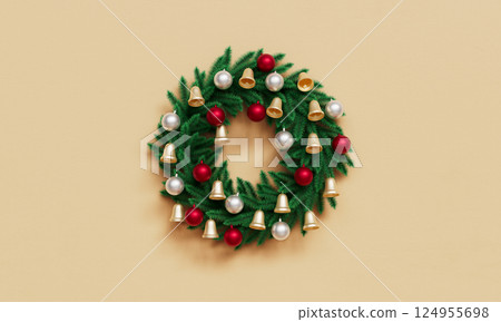 Christmas Wreath Decoration on Wall. 3D Rendering Christmas Wreath Decoration on Wall. 3D Rendering 124955698