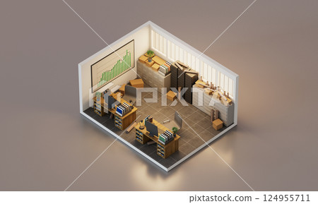 Old Office interior Isometric. 3D Rendering 124955711