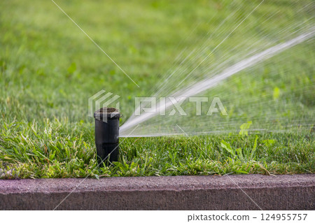 lawn sprinkler watering green lawn. close-up photo lawn sprinkler watering green lawn. close-up photo 124955757