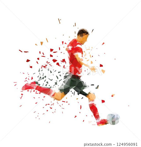 Football, soccer player running and kicking ball, isolated low poly distorted vector illustration, side view. Footballer, high contrast clipart Football, soccer player running and kicking ball, isolated low poly distorted vector illustration, side view. Footballer, high contrast clipart 124956091