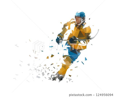 Ice hockey player, isolated low poly vector illustration with distortion effect, front view. Winter team sports, ice hockey 124956094