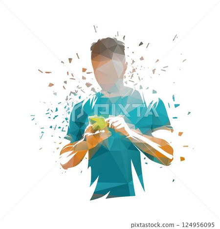 Man with cell phone in hands, front view, low poly isolated vector illustration with dispersion effect. Social networks 124956095