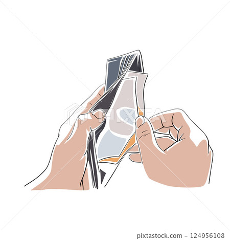 Hands take money from the wallet, cash payment. Isolated vector illustration. Flat design. Hands take money from the wallet, cash payment. Isolated vector illustration. Flat design. 124956108