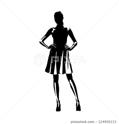 Young woman standing in short summer dress. Hands on hips. Isolated vector silhouette, High contrast illustration Young woman standing in short summer dress. Hands on hips. Isolated vector silhouette, High contrast illustration 124956113